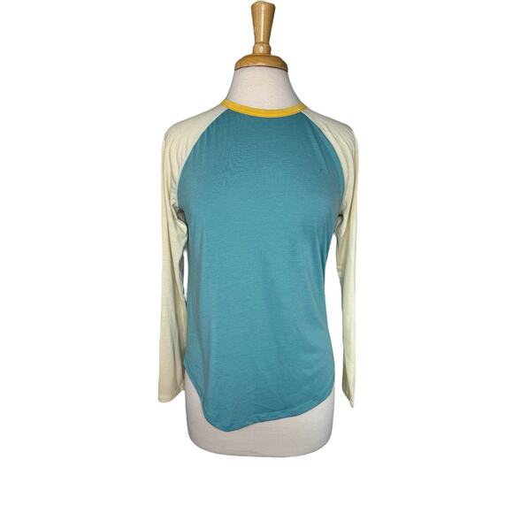 TITLE NINE Notton Long Sleeve Baseball Tee Ivory Robins Egg Blue Sz Small Womens - Picture 1 of 10
